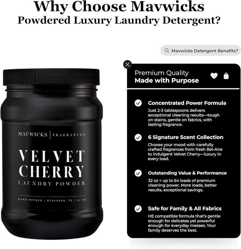 Mavwicks - Luxury Laundry Detergent Powder (Velvet Cherry) 32 Oz – Concentrated for Tough Stains and Odors, For All Washing machine types – Gentle on Fabrics - Image 2